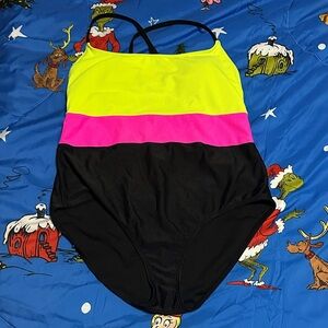 Retro Style Colorblock Swimsuit - Neon Yellow, Pink, and Black Vintage 80s